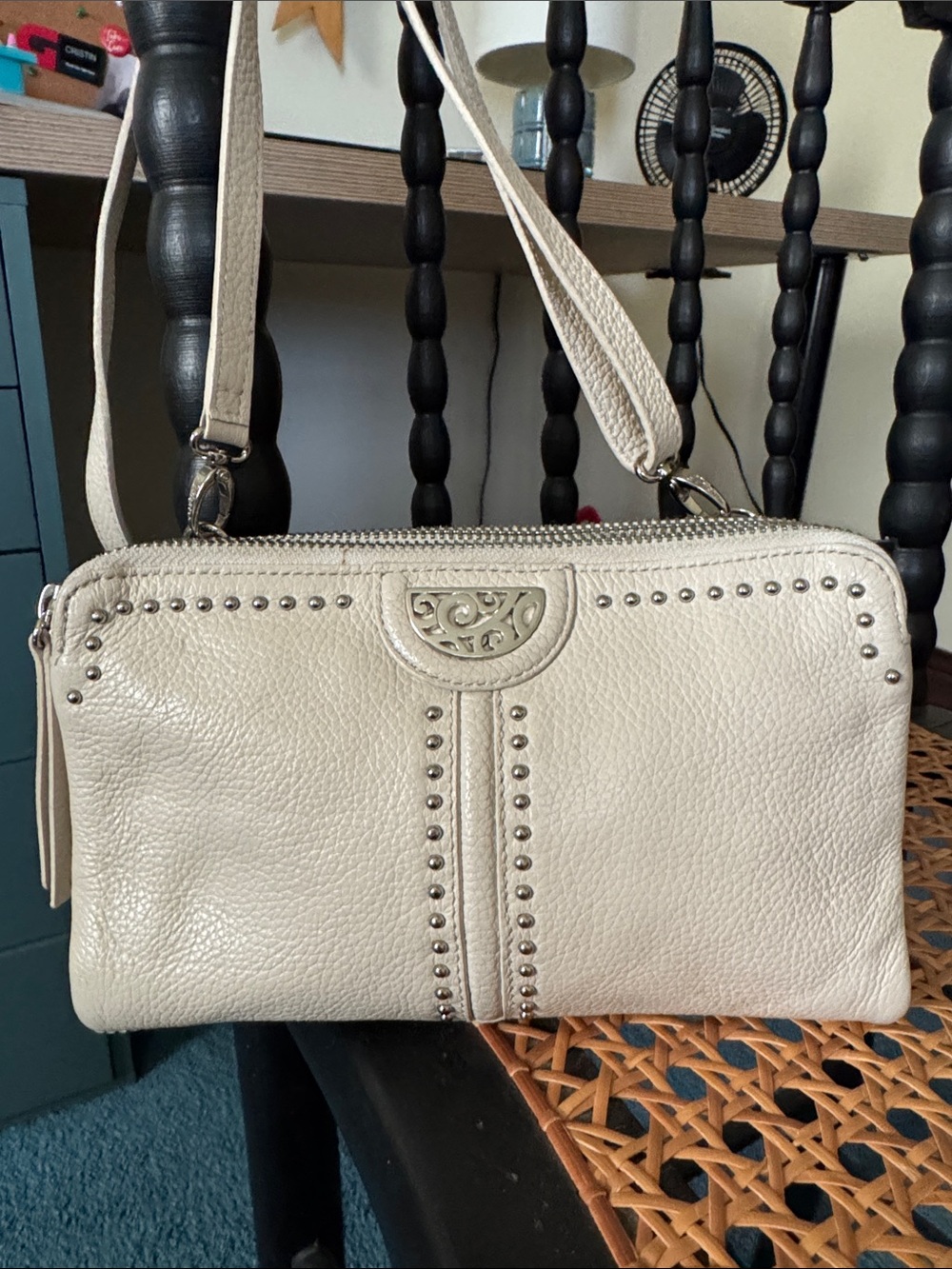 Brighton Cream Pebbled Leather Studded Shoulder Bag